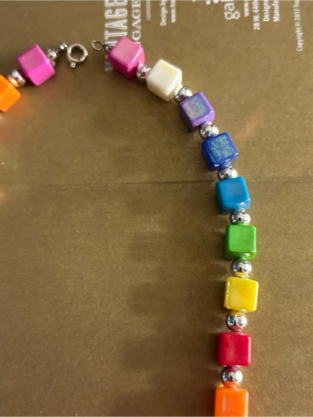 NWOT Necklace Lucite Rainbow opalescent colors in square, round silver beads 16”